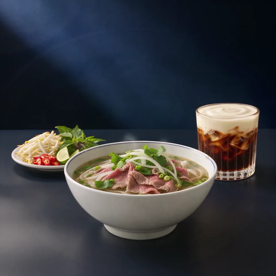 Beef pho with a herb plate and salted coffee